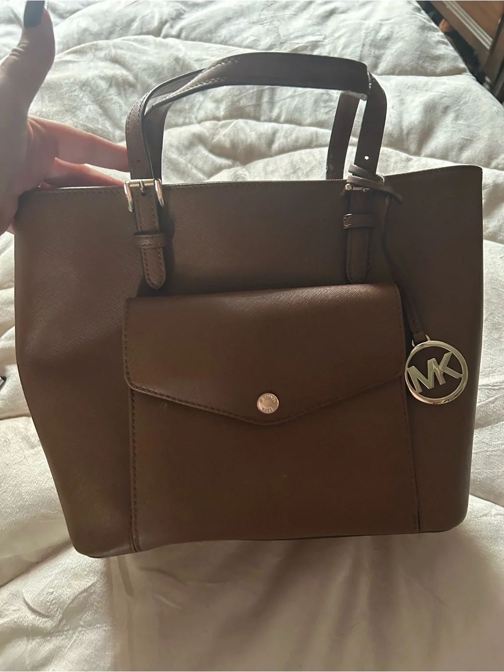 Michael Kors Brown Leather Tote with Front Pocket & MK Charm